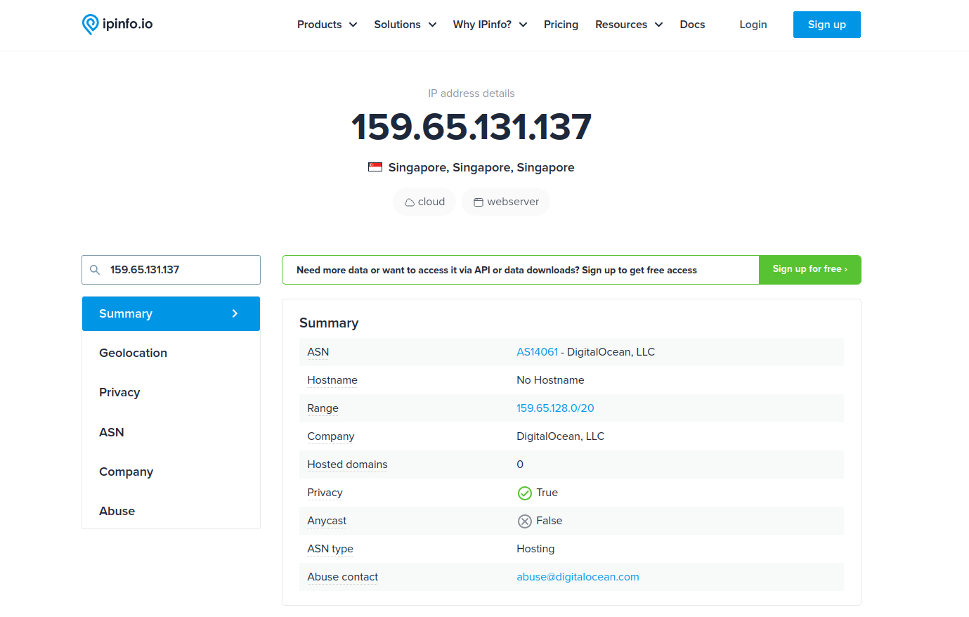 looking up ip address on ipinfo
