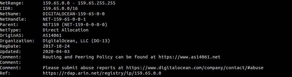 whois lookup digitalocean results